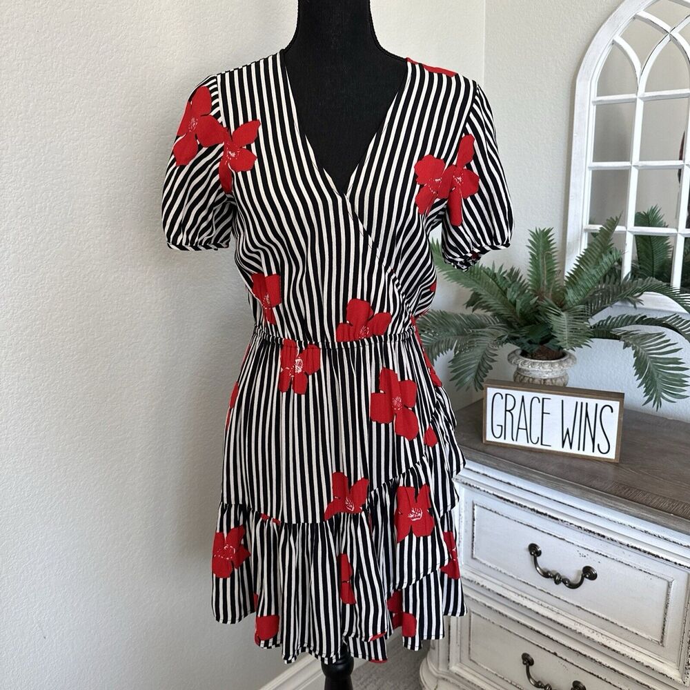 Madewell Black White Red Striped Floral Candied Orchids Wrap Ruffle Dress Size 2